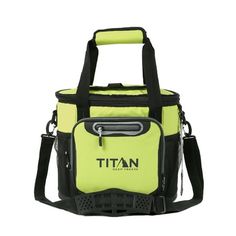 a yellow and black cooler bag with the word titan on it's front side