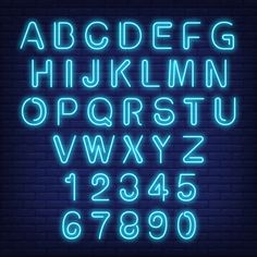 neon alphabet and numbers on a brick wall with blue lighting in the shape of letters