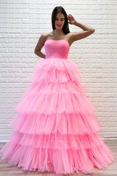 Silhouette:?A Line Waist: Natural Sleeve Length:?Sleeveless Fabric: Tulle Shown Color: Pink Built-In Bra: Yes Layered Prom Dress, Pink Tulle Prom Dress, Prom Dress With Lace, Prom Dresses Pink, Beautiful Ball Gowns, Formal Prom Dresses Long, Ruffle Prom Dress, Pink Ball Gown, Prom Dresses Long Pink