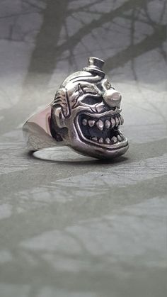 Sterling Silver Clown Ring Custom Silver Rings For Collectors, Custom Adjustable Sterling Silver Jewelry, Handmade Vintage Sterling Silver Skull Ring, Custom Handmade Silver Rings, Custom Adjustable Sterling Silver Ring, Clown Ring, Black Ring Box, Sugar Skull Ring, Many Rings