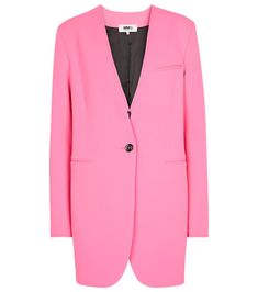 Collarless single-breasted blazer in pink Pink Notch Lapel Blazer Dress For Work, Pink Notch Lapel Blazer Dress For Spring, Pink Blazer Dress For Work, Pink Notch Lapel Blazer For Office, Pink Notch Lapel Blazer For Spring, Spring Pink Notch Lapel Blazer, Pink Business Suit For Fall, Pink Winter Suits For Formal Occasions, Winter Business Pink Blazer