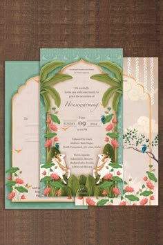 the wedding card is decorated with flowers and leaves