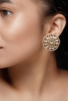 Pink And White Studs Earrings Riana by Shikha Jindal - Fabilicious Fashion Indian Stud Earrings, Traditional Indian Jewellery, Cloth Store, White Studs, Indian Wedding Wear, Semi Precious Jewelry, Studs Earrings, Precious Jewelry, Wedding Wear