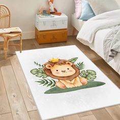 a rug with a lion on it in a bedroom