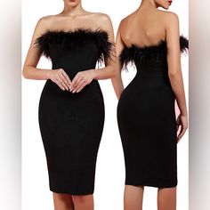 Black Bandage Strapless Feather Dress Size M New Without Tags Polyester 97.6%, Spandex 2.4% Elegant Strapless Dress With Feather Trim For Cocktail, Elegant Strapless Cocktail Dress With Feather Trim, Elegant Strapless Mini Dress With Feathers, Fitted Strapless Dress With Feathers, Elegant Strapless Feathered Mini Dress, Black Strapless Dress With Feathers, Chic Strapless Dress With Feather Trim For Evening, Chic Strapless Mini Dress With Feathers, Strapless Dress With Feather Trim For Night Out