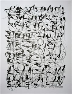 an abstract painting with black ink on white paper, in the shape of letters and numbers