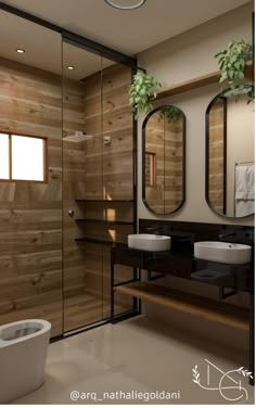 a bathroom with wooden walls and two sinks