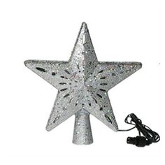 a silver star shaped christmas ornament on a white background