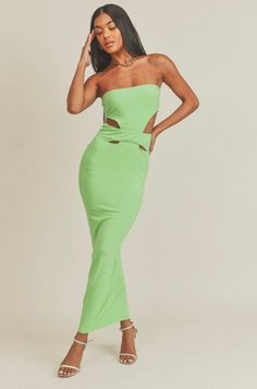 This Lime green strapless maxi dress is made from a soft and stretchy material that will conform to your curves. Its cutouts and strapless detail make for a sexy silhouette, perfect for a summer wedding or night out on the town. A solid dress with cutouts on the sides. This strapless dress has a tight cup fit and plenty of stretch. Model pictured is wearing a size small. Green Tube Dress, Green Strapless Dress, Flattering Maxi Dress, Dress With Cutouts, Green Maxi Dress, Multiple Outfits, Green Maxi, Solid Green, Strapless Maxi