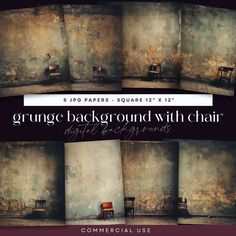 an old room with chairs and wallpapers is shown in four different angles, including the