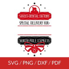 the north pole express logo is shown in three different colors and font, including red, white