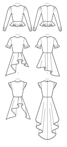 four different types of dresses with ruffles on the shoulders and back, all in three