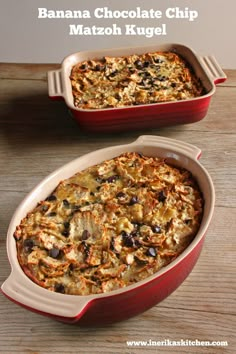 banana chocolate chip macaroni and cheese casserole in a red baking dish