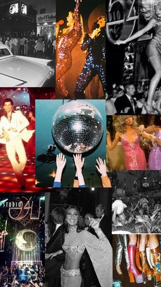 the collage shows many different images of people in disco outfits and dancing, including one woman