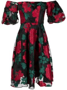 black/multicolour organza layered design floral appliqué square neck concealed rear zip fastening off-shoulder short puff sleeves fitted waistline A-line knee-length straight hem Midi Dress Black, Layered Design, Floral Applique, Marchesa, Design Floral, Layers Design, Black Midi Dress, Cocktail Dress Party, Square Neckline