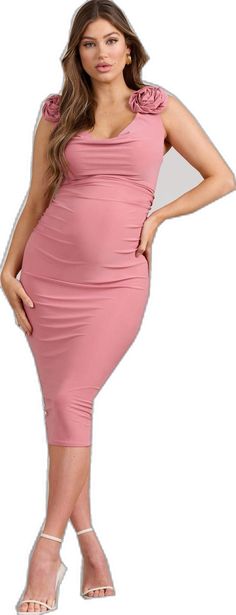 Fitted Midi Dress For Maternity Wear In Spring, Pink Ruched Elastane Dress, Ruched Maternity Midi Dress, Ruched Midi Dress For Maternity Wear, Fitted Blush Midi Dress, Feminine Pink Stretch Midi Dress, Pink Stretch Feminine Midi Dress, Pink Stretch Midi Dress, Fitted Midi Dress In Blush