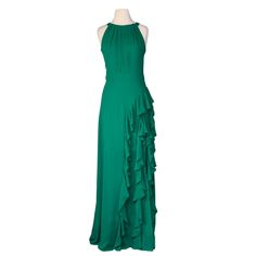 Betsy & Adam Emerald Green Helen Long Chiffon Ruffle Halter Neck Dress Size 8 New With Tags! The “Helen” Is A Gracefully Flowing Gown With A Halter Neck Design, Offering A Timeless And Chic Look For Special Occasions. Crafted From Lightweight Chiffon, This Dress Ensures Comfort And Effortless Elegance, Making It An Ideal Choice For Formal Events Or Weddings. Combining Simplicity With Sophistication To Create A Stunning And Versatile Dress For Any Memorable Celebration. - V-Neckline - Sleeveless Elegant Chiffon Ruffle Dress For Garden Party, Green Tiered Maxi Dress For Evening, Fitted Chiffon Maxi Ruffle Dress, Flowy Green Chiffon Dress For Cocktail, Flowy Green Chiffon Cocktail Dress, Green Chiffon Dress With Ruffles, Green Chiffon Dress With Ruffles For Garden Party, Green Chiffon Dress With Ruffles For Party, Green Ruffled Chiffon Dress For Party