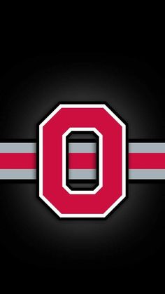 the letter o is on top of a red and white striped ribbon with black background