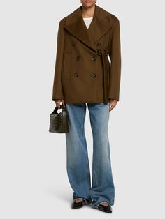 Front button closure. Front strap with button closure. Model is wearing a size42 Wool Short Coat, Versace Brand, Flat Espadrilles, Jeans Jumpsuit, Short Coat, Swim Accessories, Shearling Jacket, Ski Wear, Swimwear Tops