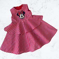 Cute Red Gingham Two Tiered New Handmade Dress With An Embroidered Minnie Mouse In Size 5t. 100% Cotton. Measurements: Pit To Pit. 12.5” Waist. 12” Length. 24” Red Fitted Minnie Mouse Dress, Red Cotton Minnie Mouse Dress, Vintage Baby Girl Clothes, Mouse Dress, Minnie Mouse Dress, Frilly Dresses, Smarty Pants, Vintage Baby Girl, Pillowcase Dress