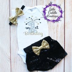 New Year's First Birthday Shorts Outfit, New Year's Baby 1st birthday, New year's birthday ideas, New year party, Baby first birthday ideas, New Years baby outfit, New year's Eve toddler outfit, 1st birthday new year, Holiday photo shoot ideas New Years Eve Toddler, Baby Tutu Outfits, Outfit New Year, Outfit Holiday, Holiday Photoshoot, Bodysuit Designs, New Year's Eve Party, Tutu Outfits, Baby 1st Birthday