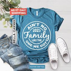 Family Reunion Shirt, Ain't No Family Like The One We Got Shirts, Family Matching Shirt, Vacay Mode Shirt, Vacation Shirt, Family Trip Shirt BLACK TEXT is used for Yellow, Heather Peach, White, Light Gray, Mint Shirts. Other colored shirts have white text. F I T ∙ & ∙ S I Z I N G : -->These Unisex T-shirts have a modern-fit. Consult the size chart in the pics for an accurate fit. -->Women's sizes are narrower than the waist. -->Sleeves are rolled up in some product pictures. They do not come rolled up on delivery. T I M E ∙ T O ∙ D E L I V E R Y : -->Processing and production time is 1-2 business days. -->Delivery time varies depending on your delivery address. -->You can choose Rush and Express options for fast delivery. I M P O R T A N T  : --> Order cancellations are accepted for 2 hour Casual Relaxed Fit Tops For Family Reunion, Family Reunion Shirt With Graphic Print And Relaxed Fit, Casual Blue Shirt For Family Occasions, Casual Letter Print Shirt For Family Reunion, Relaxed Fit Graphic Print Shirt For Family Reunion, Blue Graphic Print Top For Family Reunion, Blue Graphic Print Tops For Family Reunion, Relaxed Fit Crew Neck Shirt For Family Reunion, Blue Top With Letter Print For Family Reunion