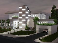 an artist's rendering of a modern house at night with lights on the windows