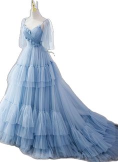 Blue Gown With Tulle Skirt And Fitted Bodice, Fitted Blue Ball Gown With Tulle Skirt, Tulle Dress With Long Train For Banquet, Tulle Prom Dress With Long Train, Prom Dress With Tulle And Long Train, Prom Dress With Long Train In Tulle, Tulle Dress With Long Train For Prom, Blue Fitted Gown With Tulle Skirt, Fitted Blue Tulle Ball Gown