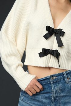 38% nylon, 33% merino wool, 26% acrylic, 3% elastane Tie front Hand wash Imported | Rhea Bow-Front Crop Cardigan Sweater by Anthropologie in Black, Women's, Size: XL, Nylon/Wool/Acrylic Bow Cardigan, White Sweater Outfit, Tie Front Sweater, Tie Sweater, Bow Sweater, Anthropologie Uk, Jimin Funny, Crop Cardigan, Diy Fashion Clothing