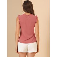 The ruffled sleeveless design would show demure, feminine grace, and also lend shape and texture. Crafted from a lightweight material, it is shaped with an elegant crew neckline, and pleat detailing, and comes in a relaxed cut for easy, breezy wear. This vintage blouse is designed with ruffled trim and solid color, especially for a professional look at work. Feminine Ruffle Hem Tank Top, Sleeveless Solid Color Ruffled Top, Elegant Sleeveless Ruffle Hem Blouse, Elegant Sleeveless Blouse With Ruffle Hem, Solid Color Sleeveless Top With Ruffles, Sleeveless Ruffled Blouse, Sleeveless Ruffle Blouse, Feminine Ruffled Tank Top, Feminine Ruffled Sleeveless Blouse