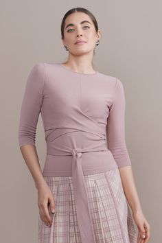 Product Details Lightweight knit Mock Wrap Effect - Can be Tied in Front or Back 3/4 Sleeves Model Models are wearing size XS Lightweight Knit, Dusty Rose, Models, Knitting, How To Wear