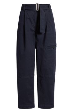 Sleek hardware elevates cropped cotton-forward pants boasting deep pockets for utilitarian flair. 26" inseam Zip fly with button closure Front slant pockets; back button-patch pocket Belt is sewn in 98% cotton, 2% polyester Machine wash, line dry Made in Turkey High-waisted Cotton Cargo Work Pants, Cotton Cargo Jeans With Pockets For Workwear, Cotton Workwear Cargo Jeans, Relaxed Fit Cargo Pants For Work With Belt Loops, Utility High Waist Work Pants, Utility Style Cropped Leg Pants With Pockets, Utility Cropped Leg Pants With Pockets, Cotton Utility Work Pants For Fall, Spring Utility Cargo Pants For Workwear