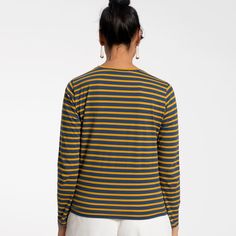 Our long awaited perfect Long Sleeve Striped Tee is here! Constructed in soft pima cotton, this top is a great layering piece for chillier days or perfect on its own paired with a pair of cords. 100% Pima Cotton from Peru XO sleeve embroidery Machine wash gentle; tumble dry low Imported