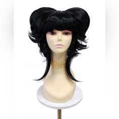 Note: This Wig Is Suitable Only For Those With Short Hair No Longer Than 6" Inches Long. A Wildly Fun And Unique Short Hairstyle Featuring Straight Bangs, Loose Tendrils And Two Back Poufs Shaped By Hollow Cones From The Underlying Wig Cap. Made With Synthetic Fibers. Pull-On Petite Size Costume Cap. *Not Heat Resistant, Do Not Use Heating Tools. Color: Black Circumference: *Petite*, Max Size 21" Materials: Synthetic Wig Fibers Wig Prices Are Firm. Bouffant Wig, Short Black Wigs, Wig Bangs, Drag Makeup, Straight Bangs, Side Bangs, Black Wig, Short Hairstyle, Long A