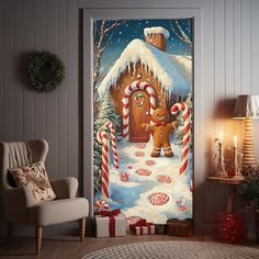 a christmas scene with gingerbread man and dog in front of a door decorated for the holiday season