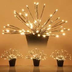 three potted plants with lights in them on a table next to a wall and floor