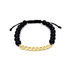 Elevate any outfit with our stunning Black Onyx Beads with Curb Chain Bracelet. The beaded design adds a touch of sophistication, while the curb chain exudes a cool and edgy vibe. Show off your unique style with this eye-catching bracelet. Here, at Lutiro, trendsetting jewelry is what we do best.  We intend for every piece in our dazzling collection to be with you forever.  Our gorgeous designs are crafted with superior materials that can withstand day-to-day life.  Additionally, we coat them in an extra layer of anti-tarnishing agent to maximize their longevity.  With proper care and storage, they will continue to sparkle just like you!  To maintain the charming glimmer of your favorite Lutiro jewelry, we recommend the following:  To avoid tarnishing, put your jewelry on only after applyi Trendy Black Chain Bracelet, Trendy Adjustable Bracelet With Black Beads, Trendy Black Bracelet With Black Beads, Adjustable Beaded Chain Bracelet, Black Beaded Bracelets Fashion Accessory, Black Beaded Bracelets As Fashion Accessory, Black Beaded Bracelets For Fashion, Trendy Adjustable Black Beads Bracelet, Elegant Black Chain Bracelets