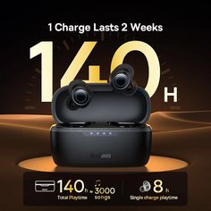 an advertisement for the asus wireless earbuds and charging box with text reading, charge last 2 weeks