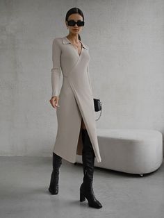 Ribbed-knit wrap midi dress :: LICHI - Online fashion store Woolen Dresses, Hepburn Style, Club Party Dresses, Knit Wrap, Knitted Dress, Club Party, Mid Dresses, Long Sleeve Midi, Knit Midi