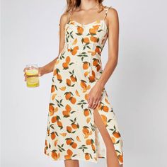 Brand New, Never Worn. Chic Orange Sleeveless Sundress, Casual Fruit Print Dresses For Spring, Chic Orange Lined Midi Dress, White Fruit Print Dress For Brunch, Orange Sleeveless Sundress For Spring, Casual Sleeveless Apricot Maxi Dress, Casual Apricot Sleeveless Maxi Dress, Casual Sleeveless Maxi Dress In Apricot, Casual Orange Midi Dress For Summer