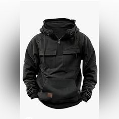 Endlapin Men Tactical Sweatshirt Quarter Zip Cargo Pullover Hoodies Sports Running Outdoor Winter Jackets Brand New Xxl Techwear Hoodie With Kangaroo Pocket, Techwear Hoodie With Kangaroo Pocket For Outdoor, Outdoor Techwear Sweatshirt With Kangaroo Pocket, Functional Hooded Sweatshirt With Pockets, Hoodie With Pockets For Outdoor Activities, Solid Color Hoodie With Pockets For Outdoor Activities, Techwear Fleece Hoodie With Pockets, Fleece Sweatshirt With Pockets For Outdoor Activities, Hooded Sweatshirt With Pockets For Outdoor Activities