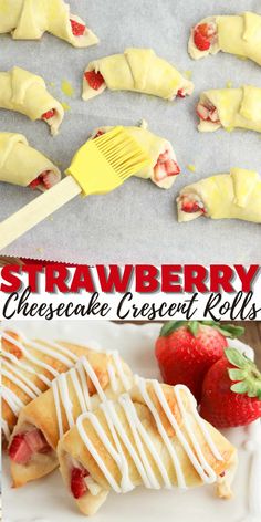 strawberry cheesecake crescent rolls with icing on top and strawberries in the background