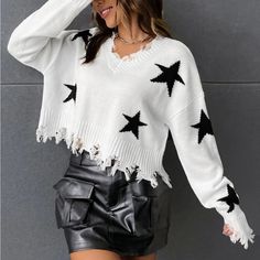 White Black Distressed Star Sweater S M L, 100% Acrylic, Ships In 7-8 Days Shein Sweater, Elegant Maxi Dress, White Long Sleeve Top, Star Sweater, Women Sweaters, Drop Shoulder Sweaters, Women Sweater, Star Pattern, Dressy Tops