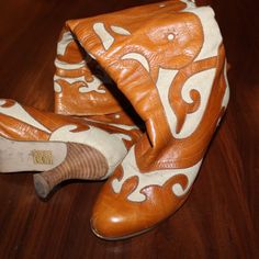 You're Sure To Stand Out In These One-Of-A-Kind Boots, Size 8 In Very Good Condition... Wooden Heels Are Hardly Worn Traditional Brown Boots For Spring, Bohemian Leather Boots With Pointed Toe, Bohemian High Heel Leather Boots, Embroidered Leather Boots With Snip Toe, Embroidered Leather Boots For Fall, Fall Embroidered Leather Boots, Leather Boots With Embroidered Round Toe, Leather Embroidered Round Toe Boots, Leather Embroidered Boots With Round Toe