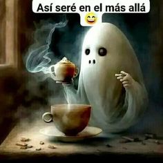 a ghost is holding a cup and saucer