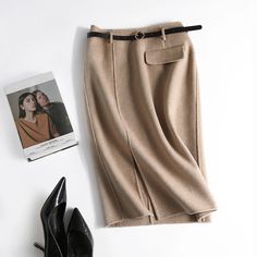 Lasaky - Woolen Midi Skirt with High Waist, Loose Fit, Plaid Pattern, and Straight Silhouette Long Midi Skirt, Color Skirt, Hip Skirt, Wrap Around Skirt, Skirt Belt, Skirt Skirt, Asymmetrical Design, Body Con Skirt, Wool Skirts