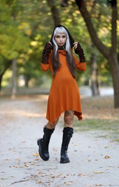 Bordeaux Pixie Hooded Tunic Dress. Winter Long Sleeve Orange | Etsy Hooded Dresses For Winter Costume Party, Winter Witchy Cosplay Dresses, Witchy Winter Cosplay Dresses, Brown Cosplay Dress, Elven Style Long Sleeve Dress, Long Sleeve Dresses For Larp In Fall, Witchy Dress For Fall Alternative Fashion, Witchy Fall Dress For Alternative Fashion, Hooded Fitted Dress For Cosplay