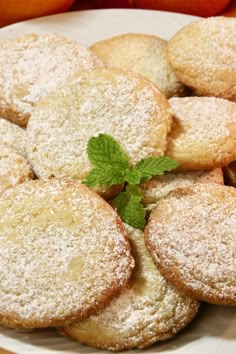 powdered sugar cookies on a white plate with a mint sprig in the middle