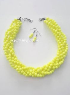 "5 Strands Braided Yellow Necklace with Earrings  Necklace: 18\" with 3\" extender chain  1\" thickness approx.  Beads: 8mm" Royal Blue Jewelry, Chunky Pearl Necklace, Blue Statement Necklace, Long Necklace Boho, Yellow Necklace, Chunky Statement Necklace, Yellow Jewelry, Braided Necklace, Pearl Necklace Set