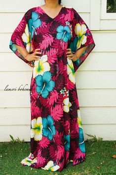 "Measurement and detail: 👉Fabric: 100% Breathable and Comfy Rayon 👉Special Feature: Adjustable rope around the waist to tighten the kaftan 👉Size: One Size Fits Most (M-5XL) Extremely comfy 👉Boho/Hippie /Hawaiian/Beach/Tropical Theme 👉Length of Dress: 55\" 👉Width of Dress: 45\" 👉Bust 60\"-90\" 👉The back is identical to front pattern 👉Great for wearing while doing arts, crafts, relaxing at your home or feeling tropical vibes. ------------------------------------------- 🌸Care Instruction: Tropical Style Short Sleeve Maxi Dress With Tropical Print, Tropical Short Sleeve Maxi Dress With Tropical Print, Tropical Print Short Sleeve Maxi Dress, Beachwear Maxi Dress With Kimono Sleeves, Tropical Maxi Dress With Short Sleeves, Tropical V-neck Beach Dress For Festival, Pink Beach Dress For Holiday, Pink Beachy Maxi Dress For The Beach, Beach Maxi Dress With Printed Kimono Sleeves